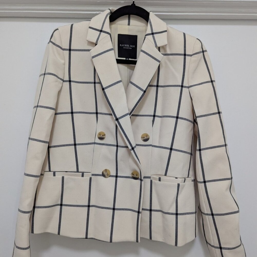 Cream and Black Plaid Suit Jacket